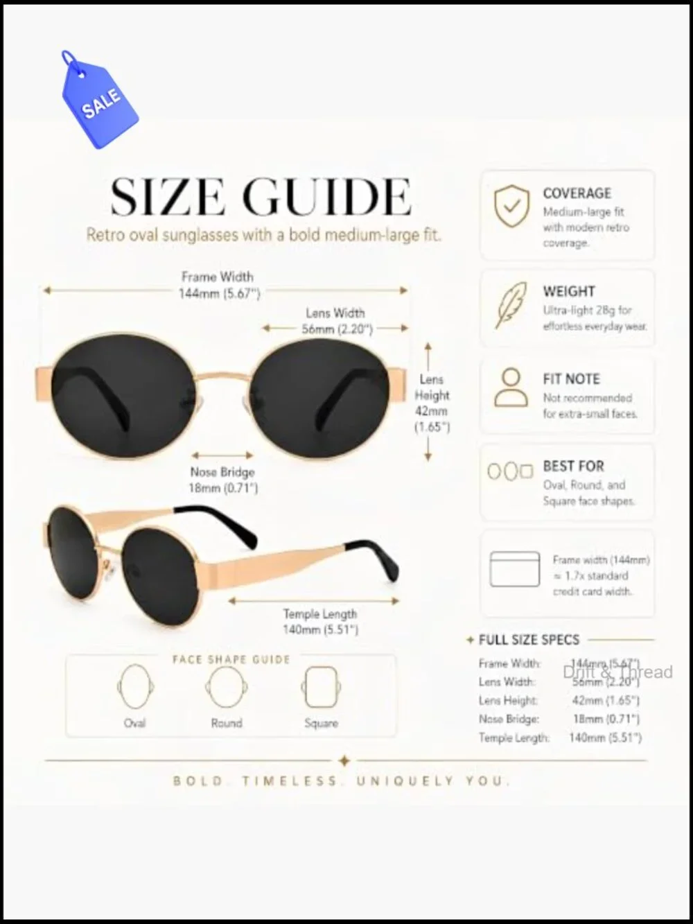 Retro Oval Gold Frame Sunglasses Womens UV400 Protection